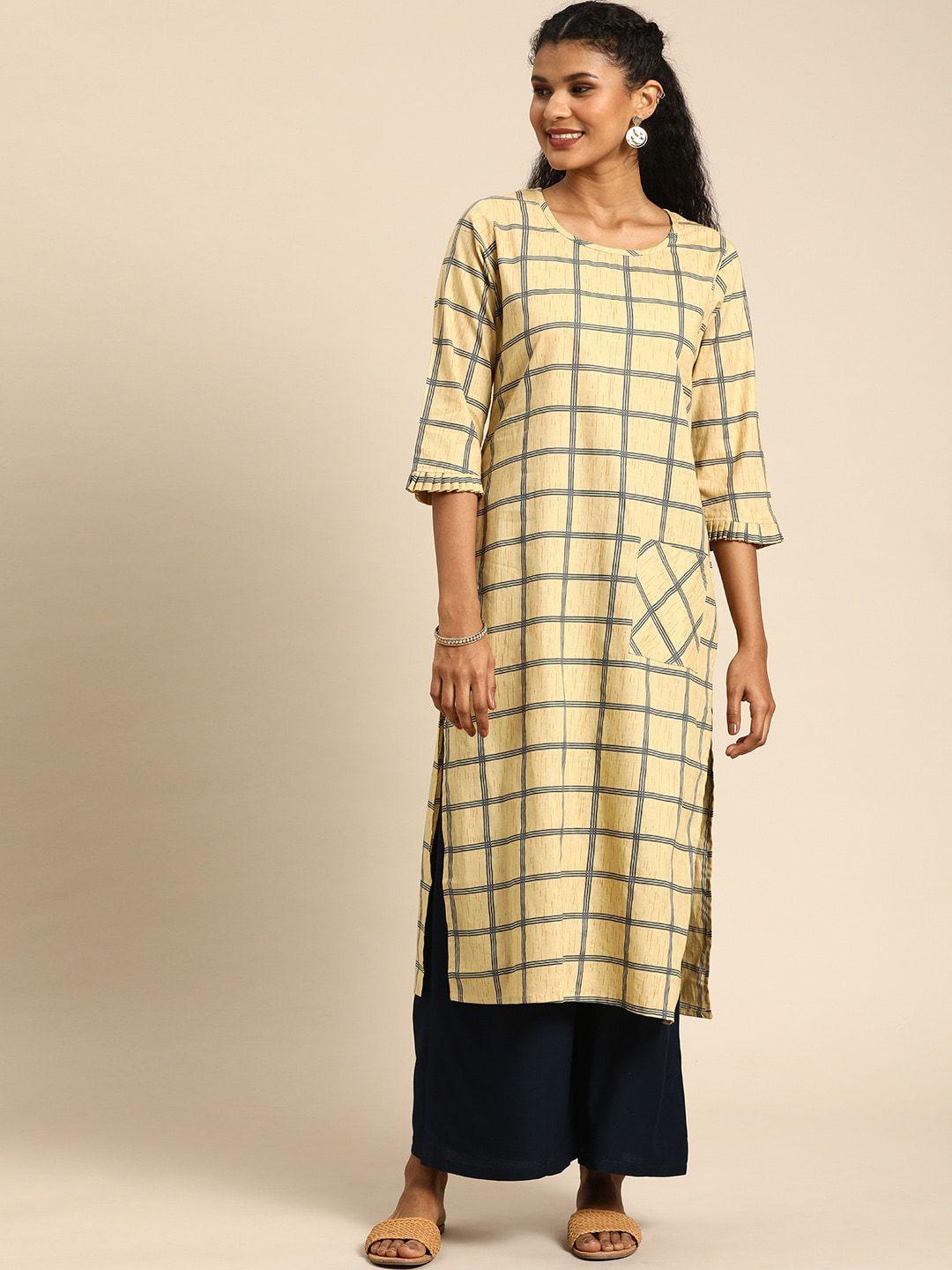 kalini checked round neck flared sleeves pure cotton kurta