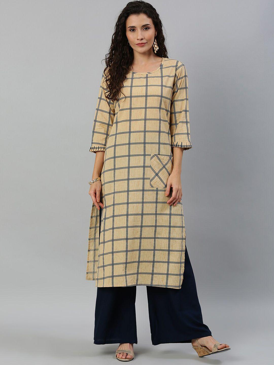 kalini checked round neck flared sleeves pure cotton kurta