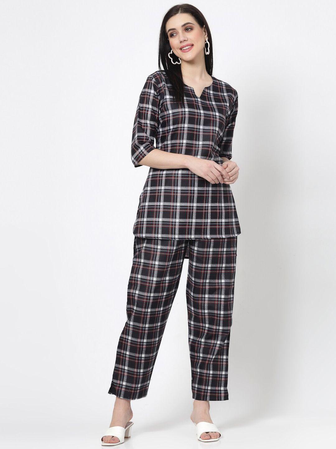 kalini checked round neck pure cotton top & trousers