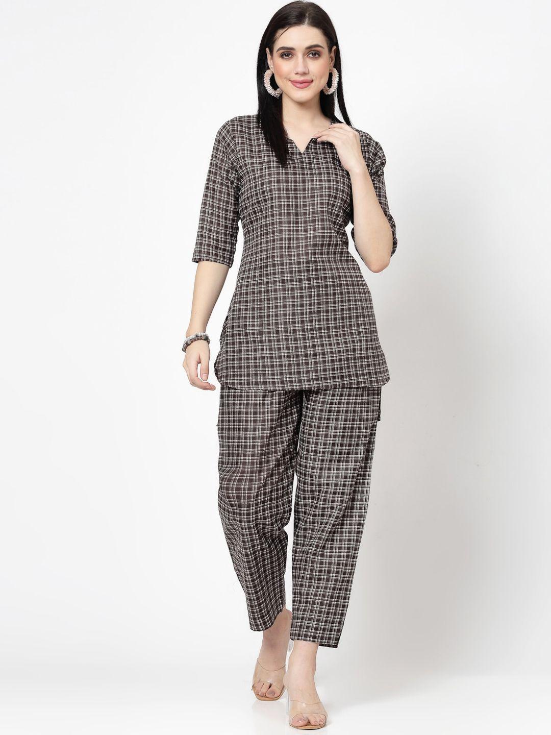 kalini checked round neck pure cotton top & trousers