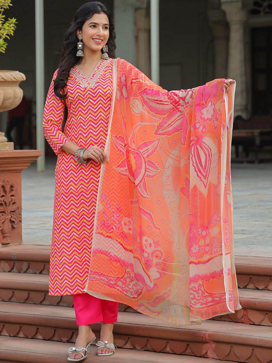 kalini chevron printed kurta with trousers & dupatta