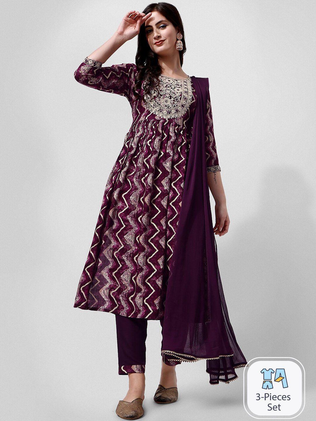 kalini chevron printed regular thread work anarkali kurta & trousers with dupatta