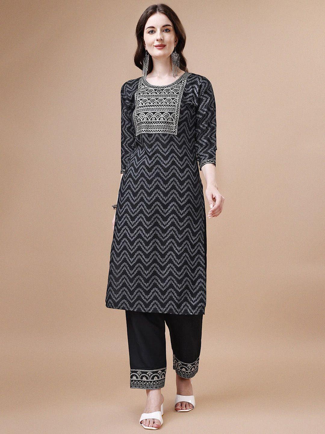 kalini chevron printed regular thread work pure cotton kurta with trousers