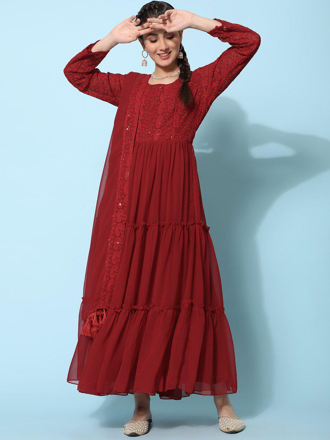kalini chikankari embroidered tiered fit & flared maxi ethnic dress with dupatta