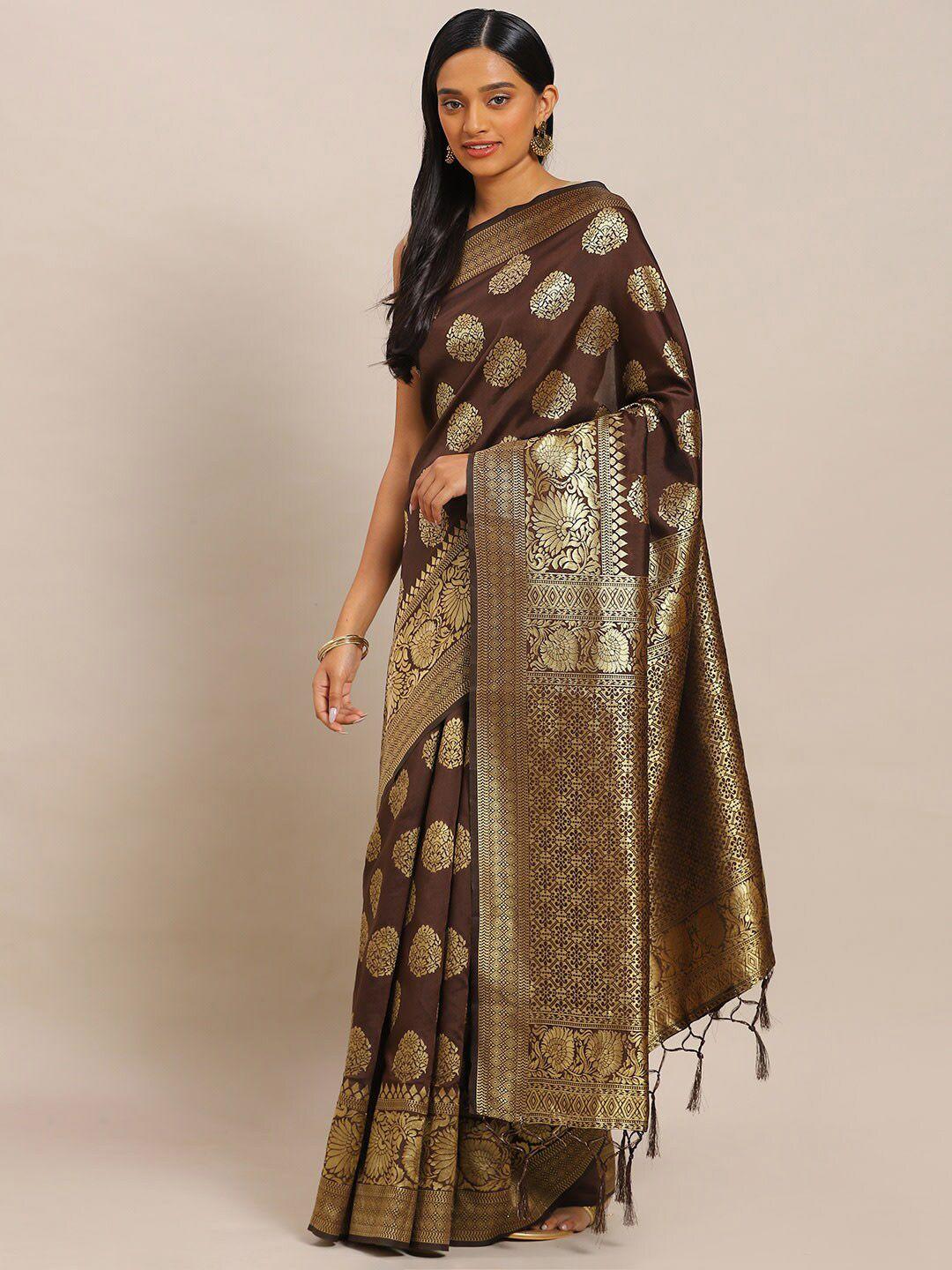 kalini coffee brown & gold-toned woven design zari silk blend banarasi saree