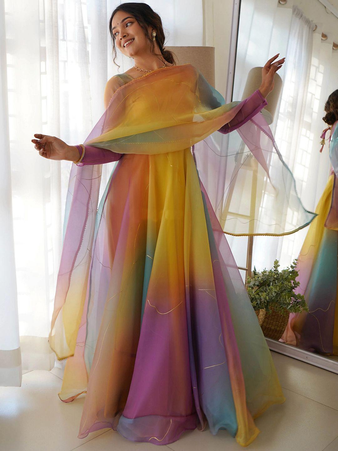 kalini colourblocked printed fit & flared maxi ethnic dress with dupatta