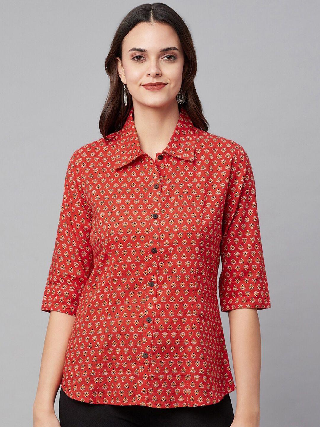 kalini comfort ethnic printed spread collar three-quarter sleeves cotton casual shirt