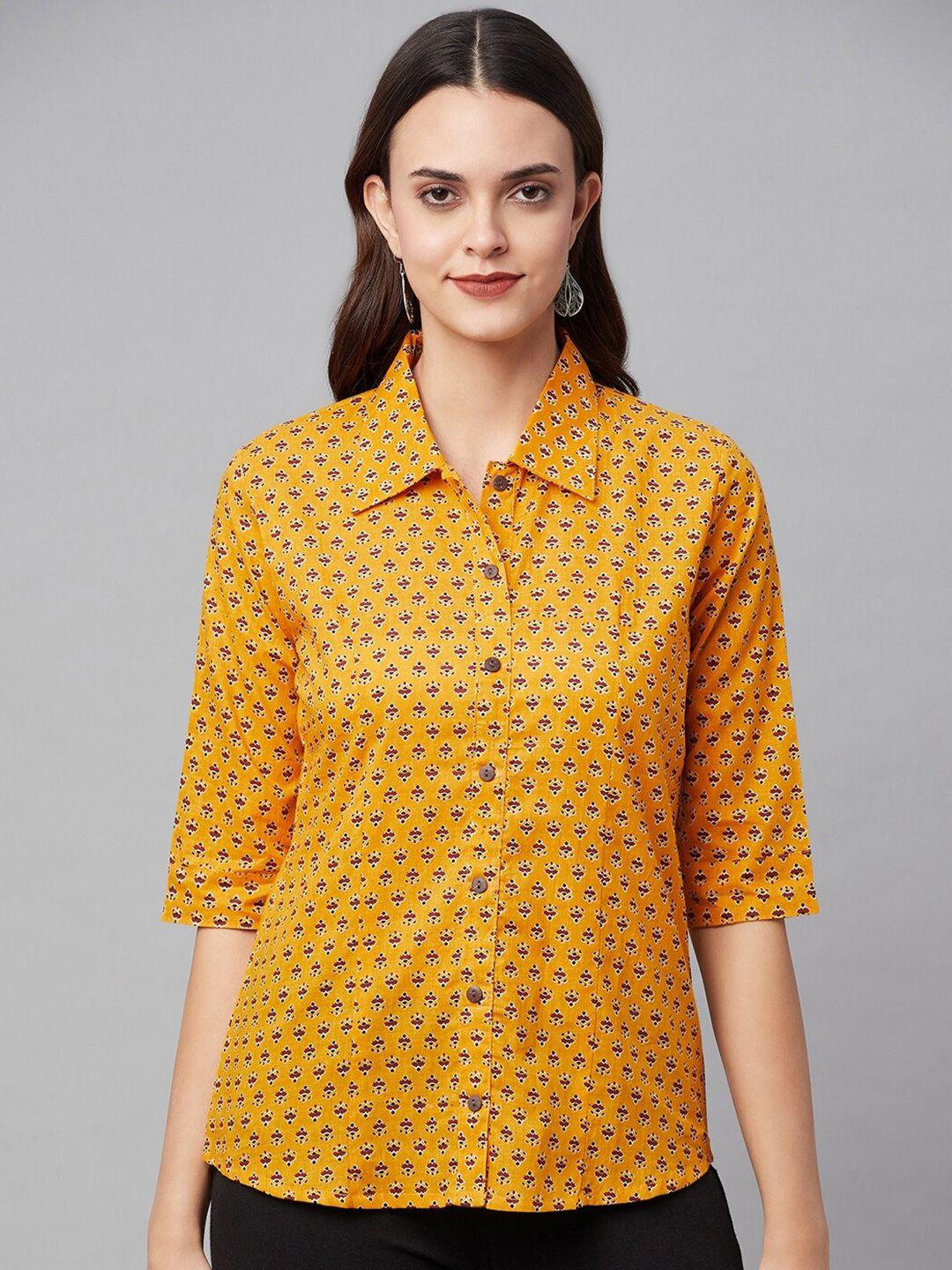 kalini comfort ethnic printed spread collar three-quarter sleeves cotton casual shirt