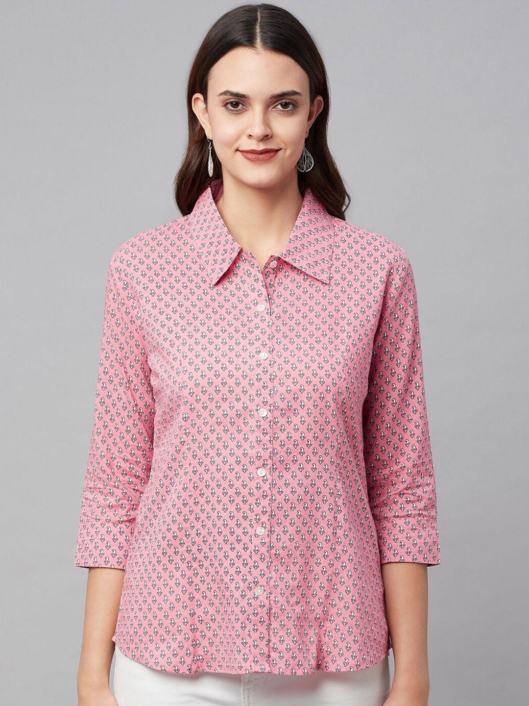 kalini comfort floral printed spread collar three-quarter sleeves cotton casual shirt