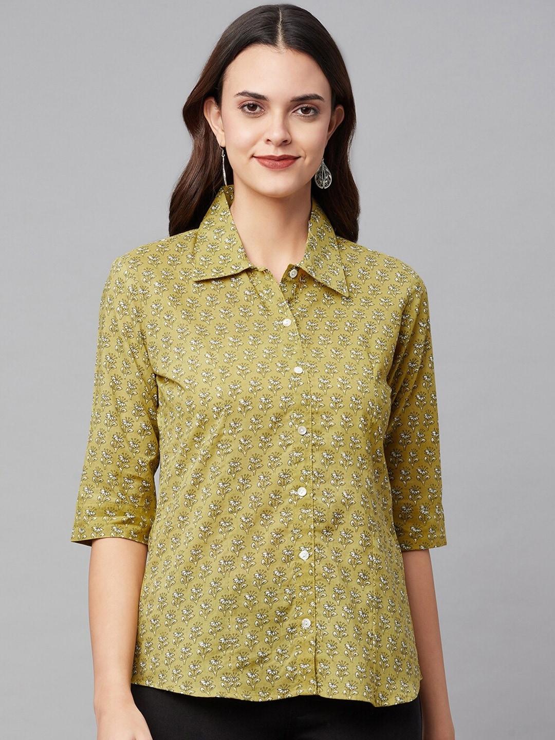 kalini comfort floral printed spread collar three-quarter sleeves cotton casual shirt