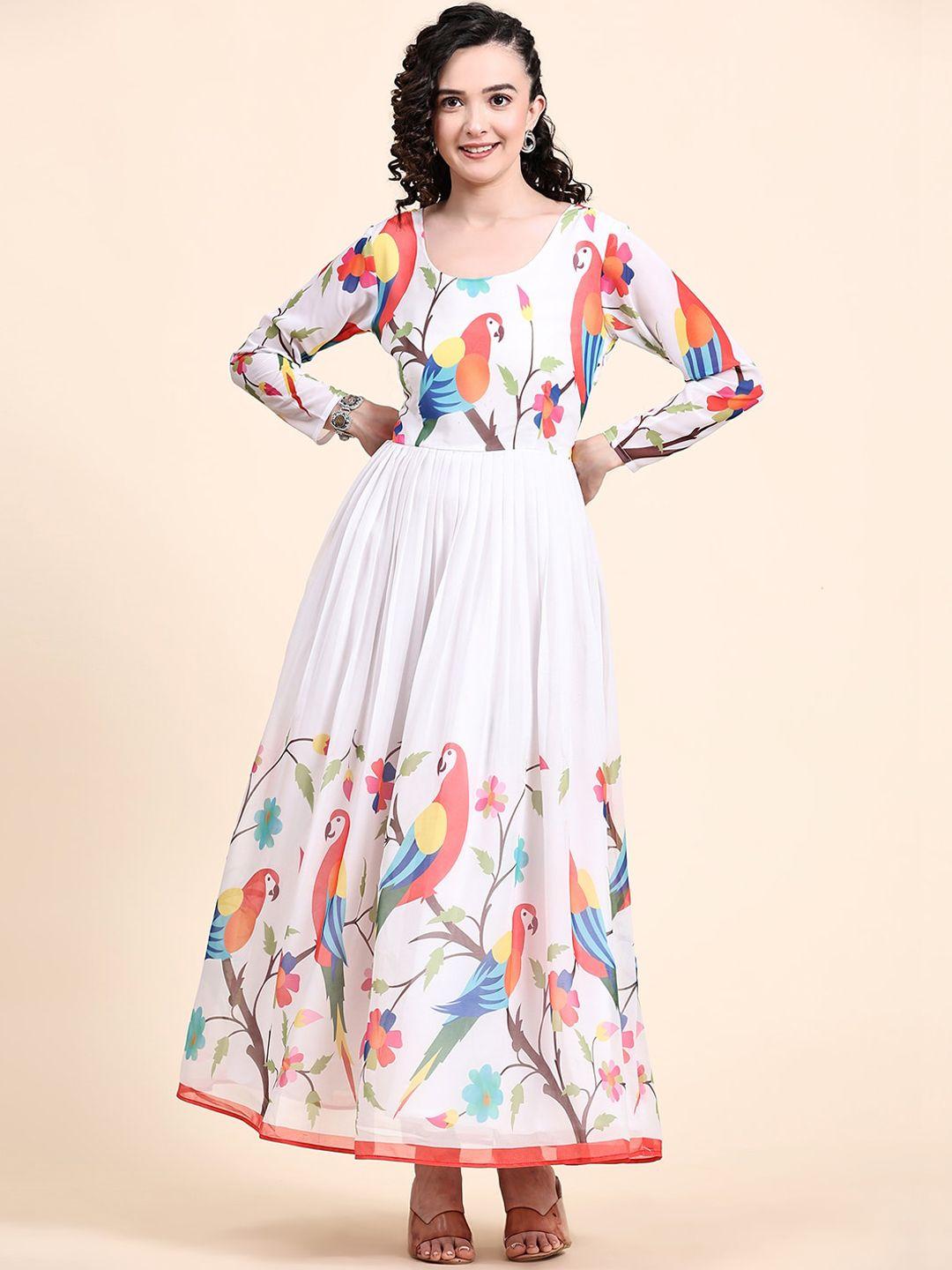 kalini conversational parrot printed pleated maxi fit & flare ethnic dress