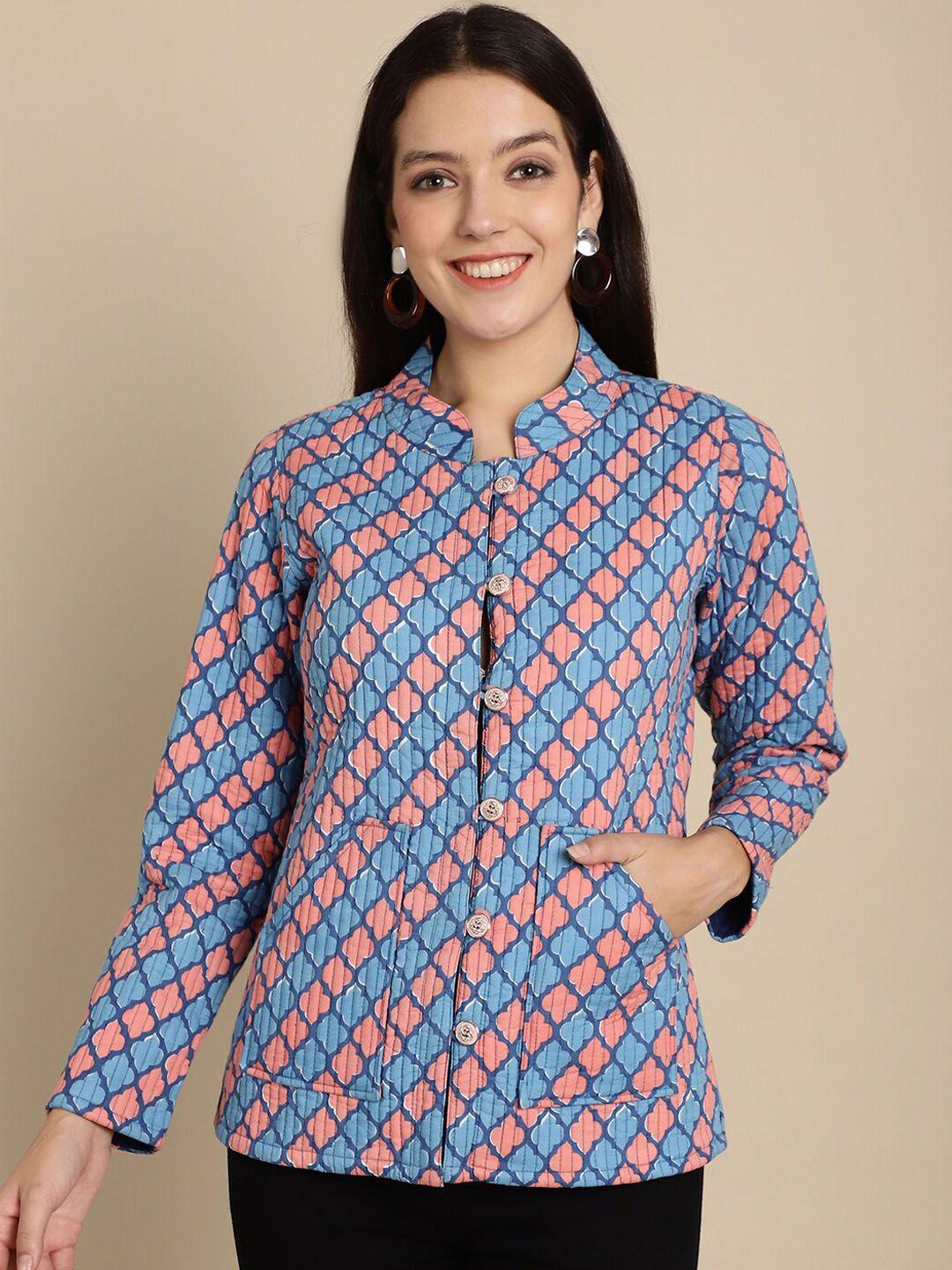 kalini conversational printed mandarin collar lightweight cotton tailored jacket