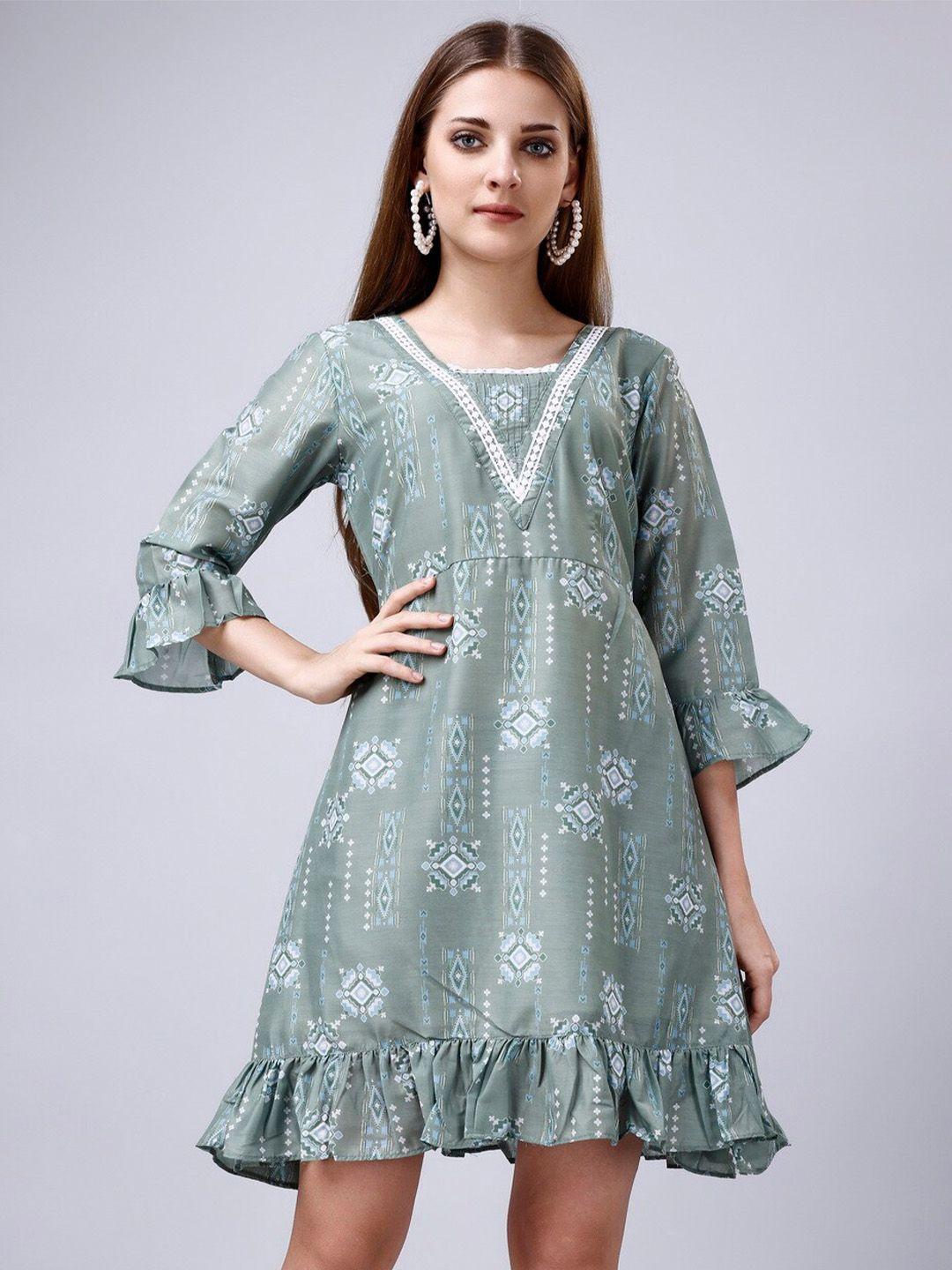 kalini cotton geometric printed bell sleeve a-line dress