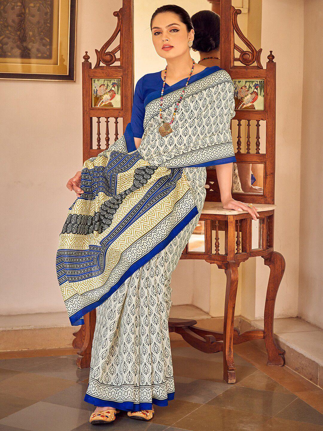 kalini cream-coloured & blue ethnic motifs art silk bagru saree