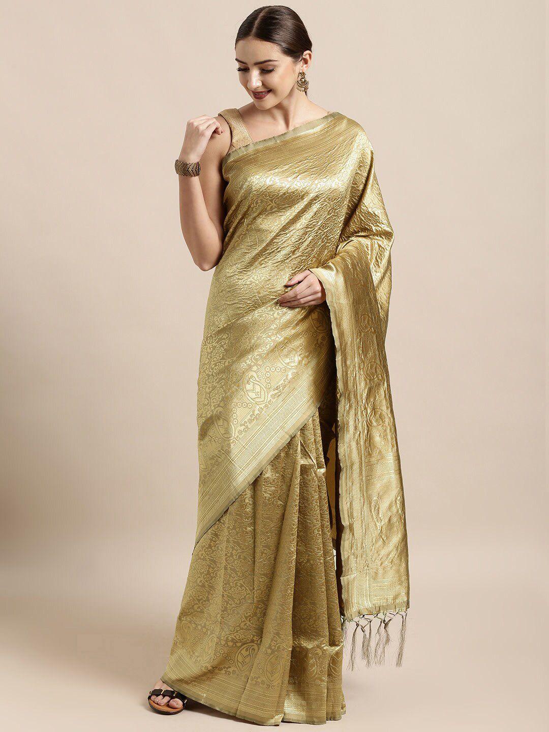 kalini cream-coloured & gold-toned woven design zari silk blend banarasi saree