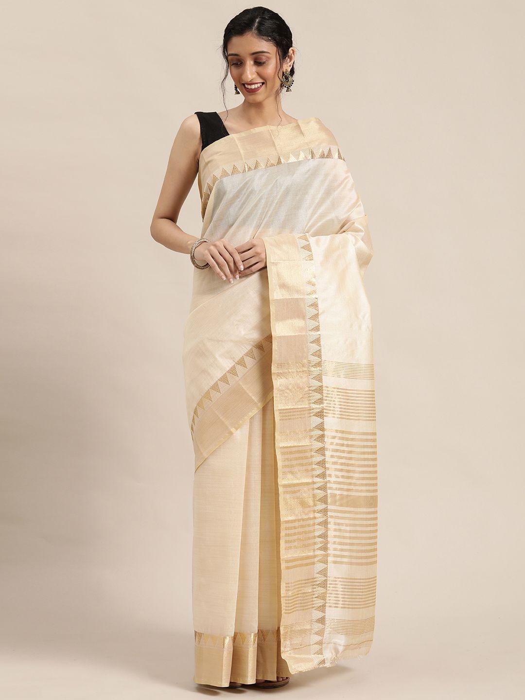 kalini cream-coloured & golden  striped zari silk cotton solid saree