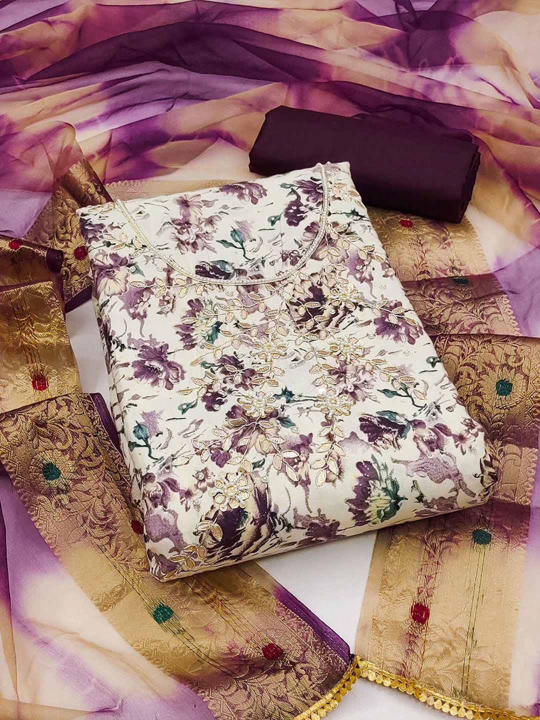 kalini cream-coloured & purple printed unstitched dress material