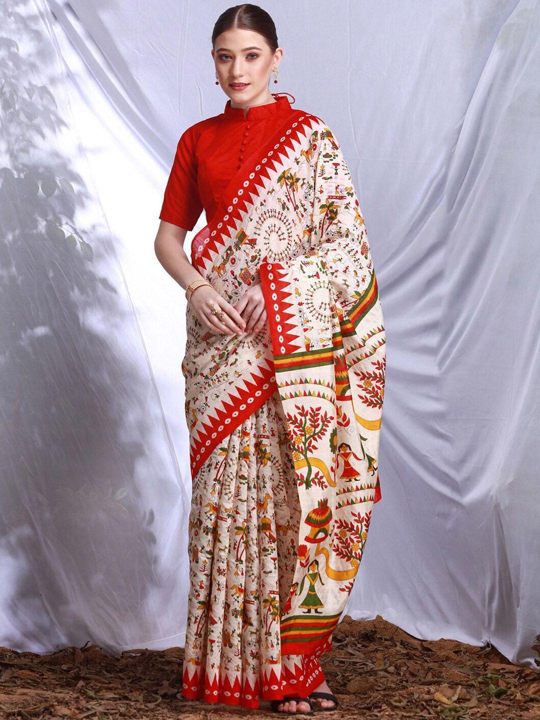 kalini cream-coloured & red ethnic motifs art silk dabu saree