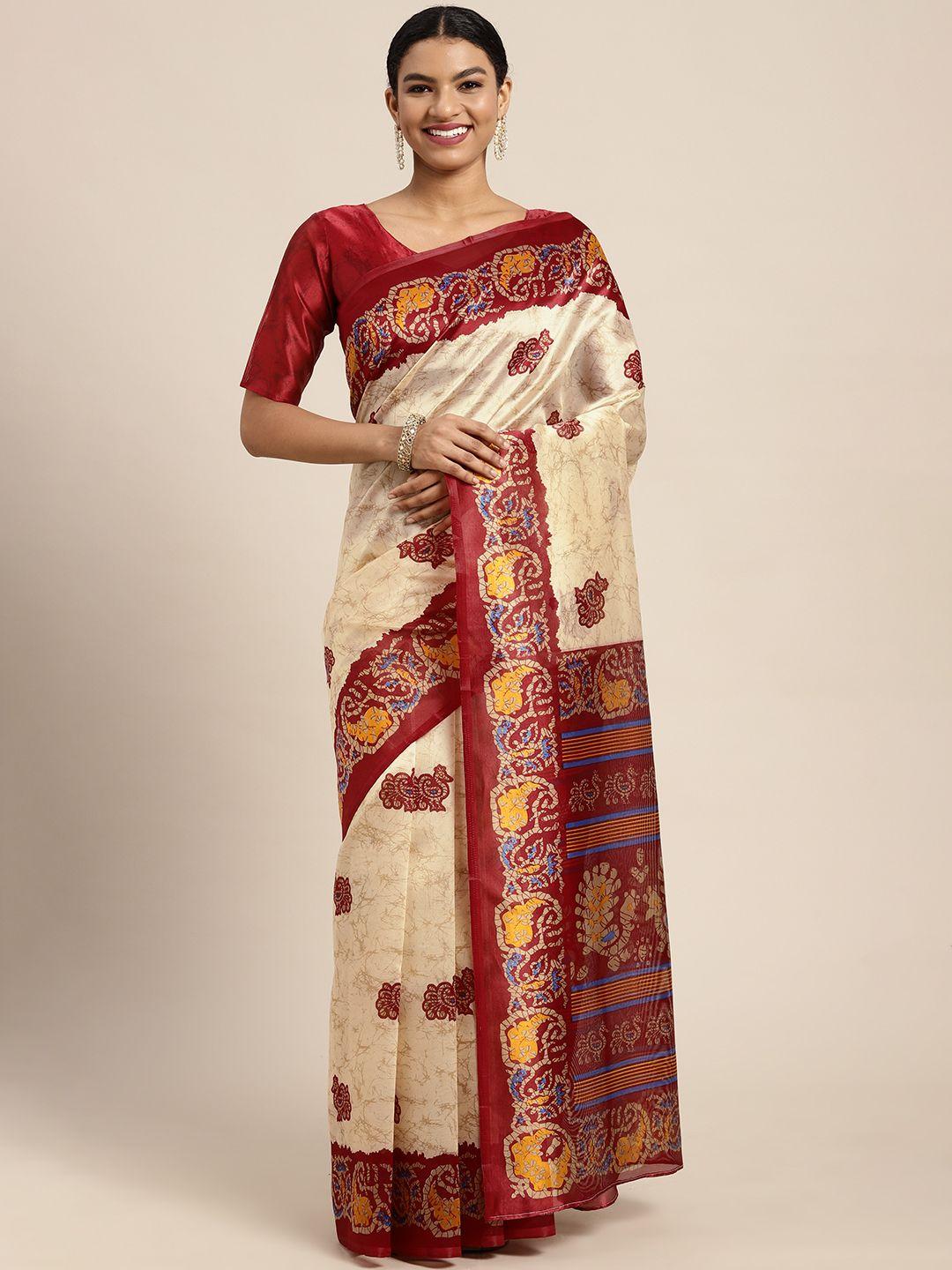 kalini cream-coloured & red ethnic motifs art silk saree