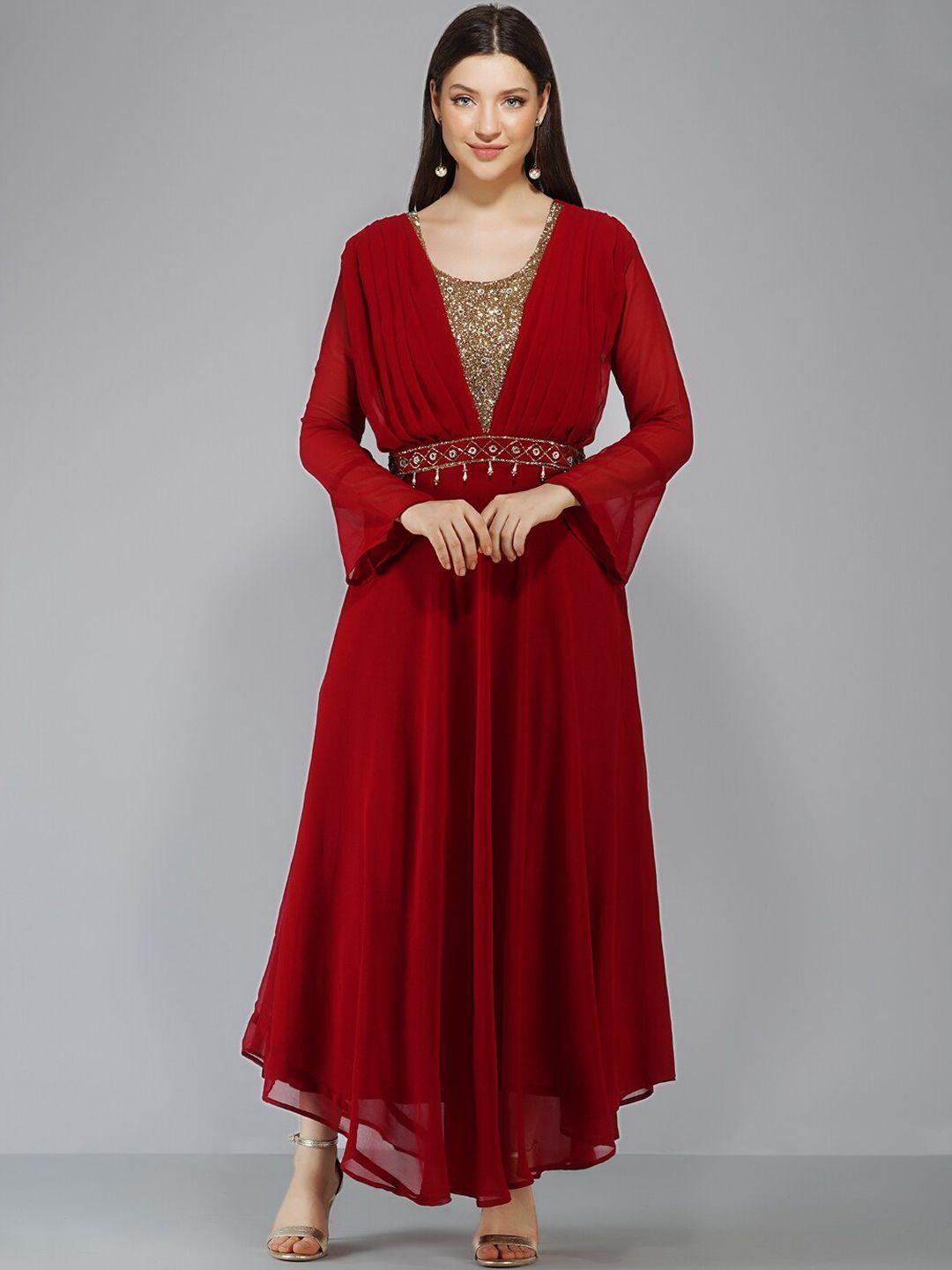 kalini embellished bell sleeves pleated detailed maxi ethnic dress with dupatta