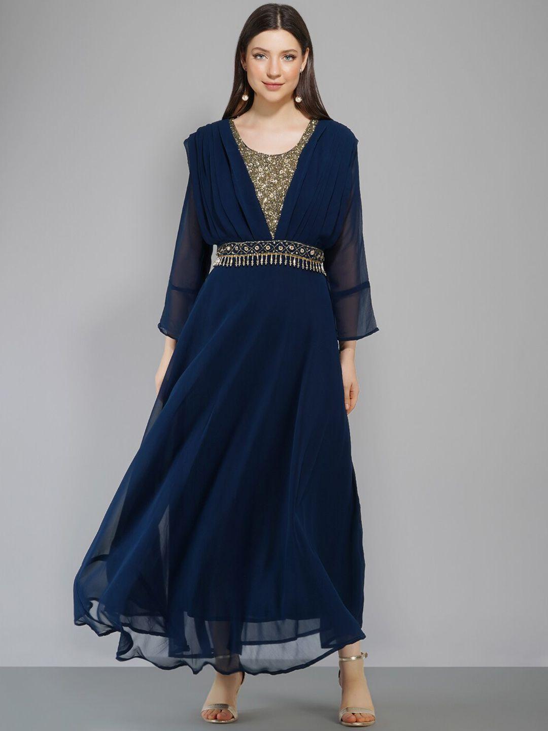 kalini embellished belted pleated georgette fit & flare ethnic dress with dupatta