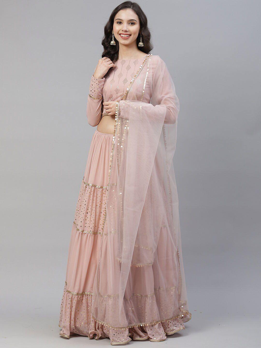 kalini embellished sequinned foil print semi-stitched lehenga & unstitched blouse with dupatta