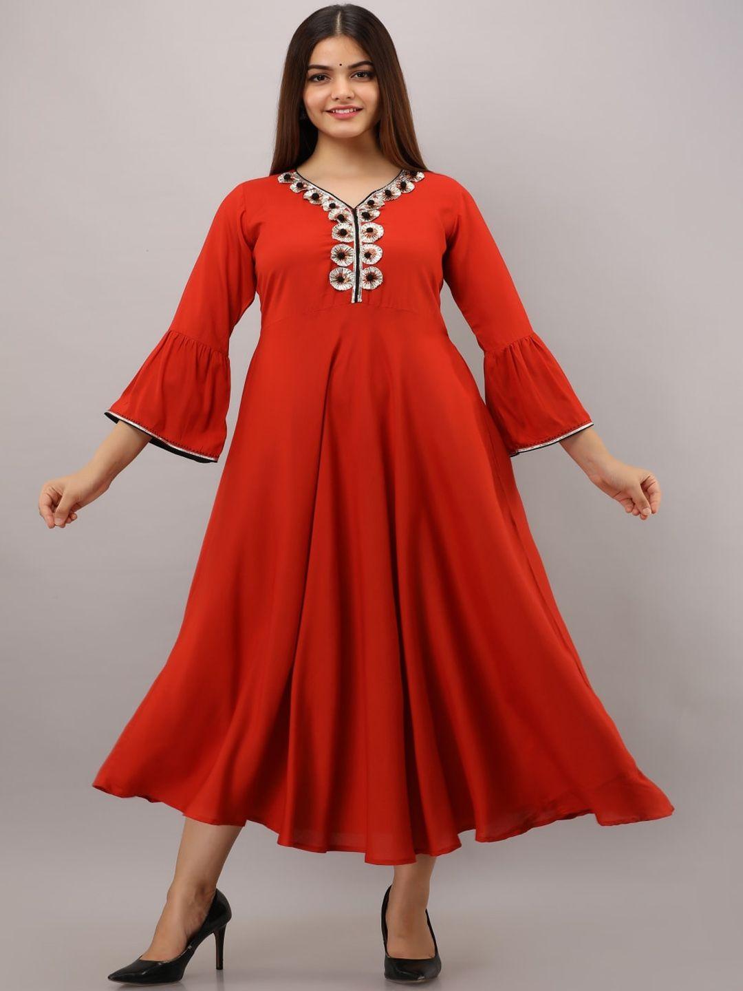 kalini embellished v neck bell sleeves fit & flare ethnic dress