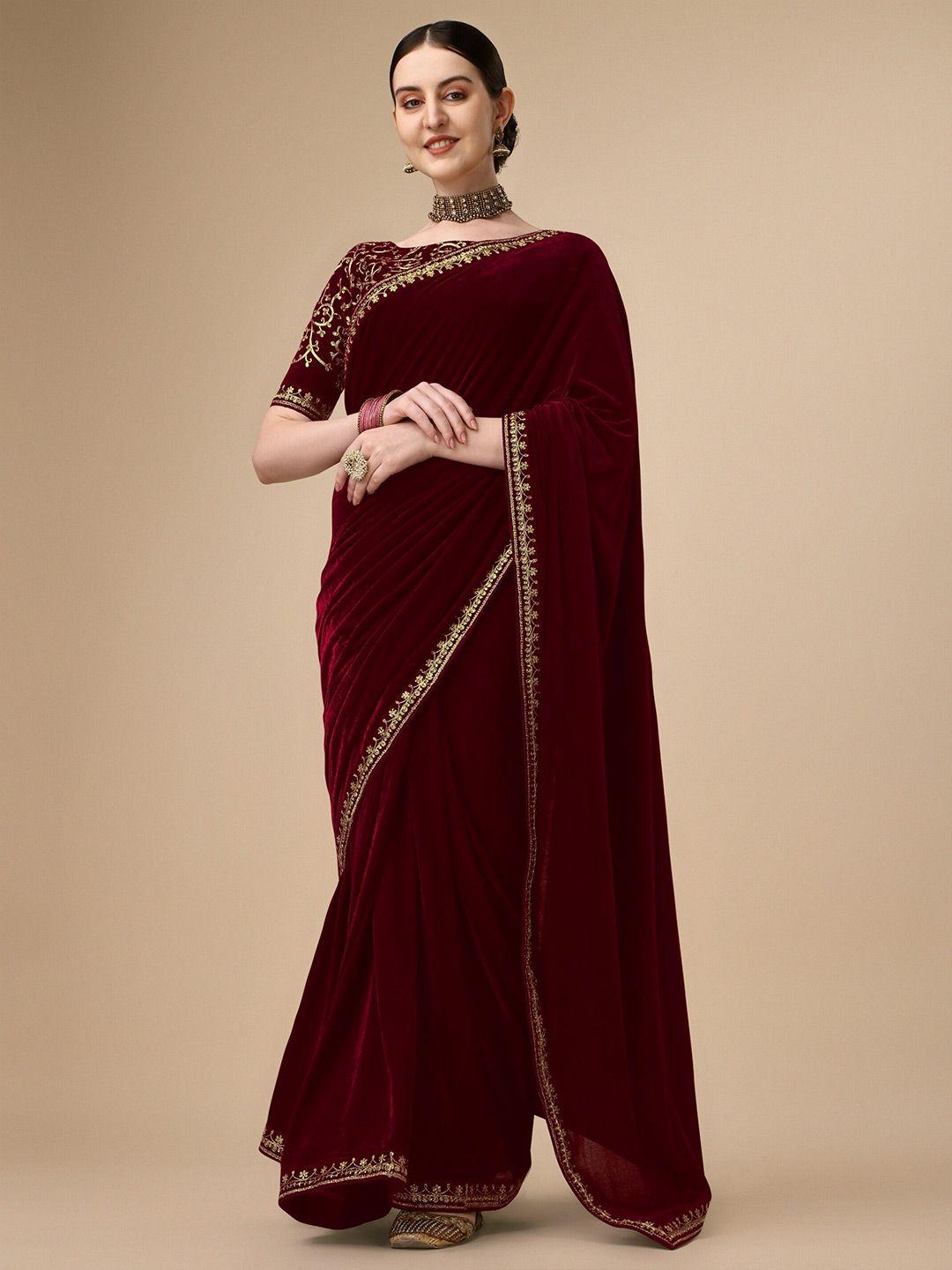 kalini embroidered border lace work velvet saree