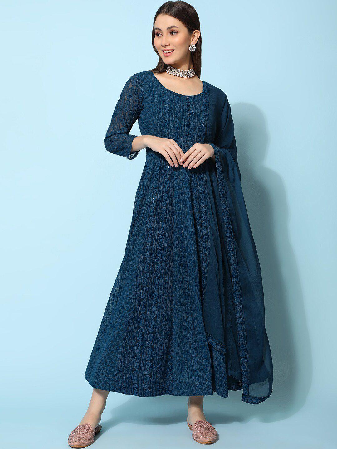 kalini embroidered fit & flare ethnic dress with dupatta