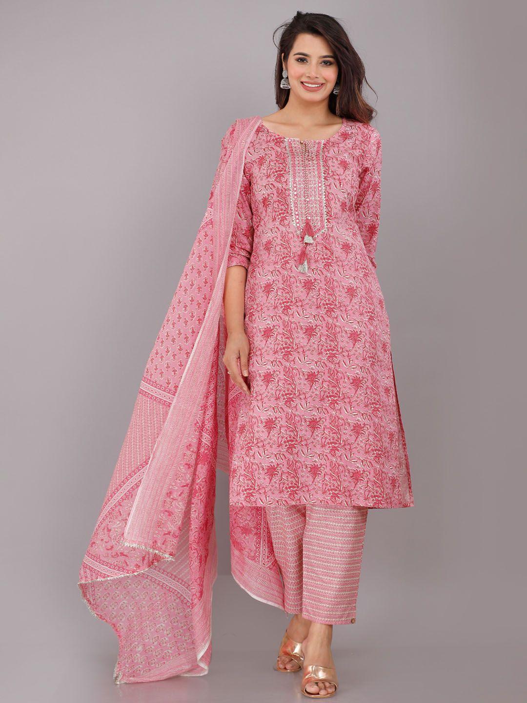 kalini embroidered floral printed pure cotton regular kurta with trousers & dupatta