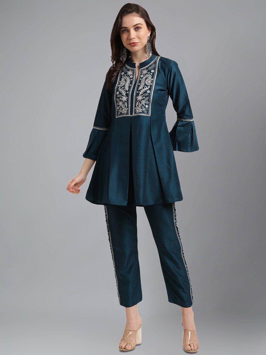 kalini embroidered mandarin collar top with trousers