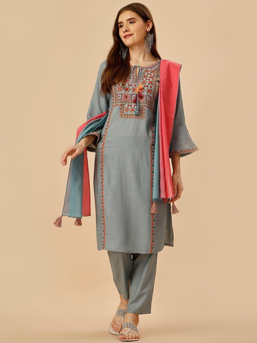 kalini embroidered mirror work kurta with trousers & dupatta