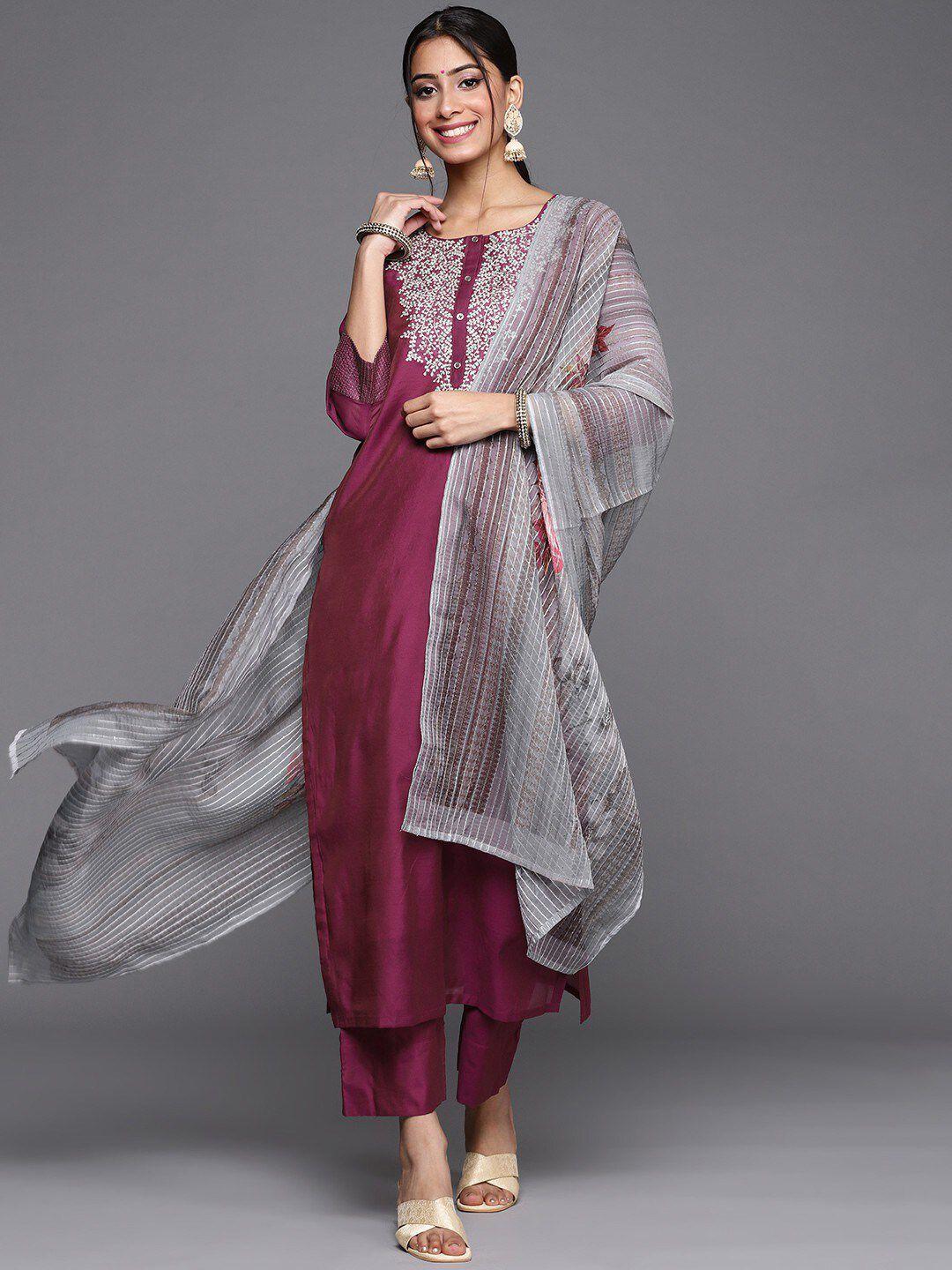 kalini embroidered round neck straight kurta & trousers with dupatta