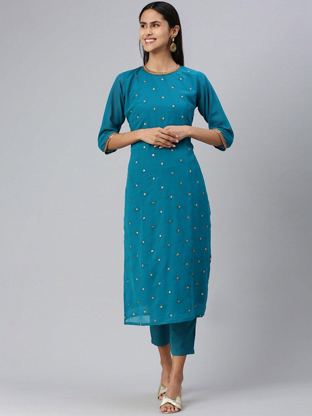 kalini embroidered sequinned regular straight kurta with trousers