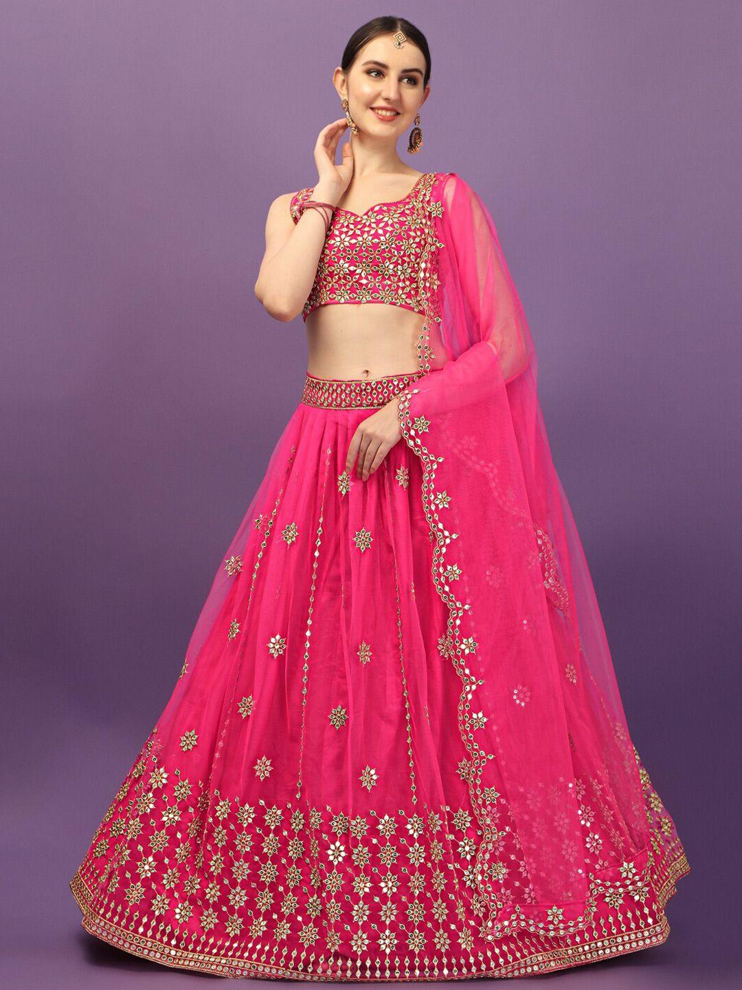 kalini embroidered sequinned satin semi stitched lehenga & unstitched blouse with dupatta