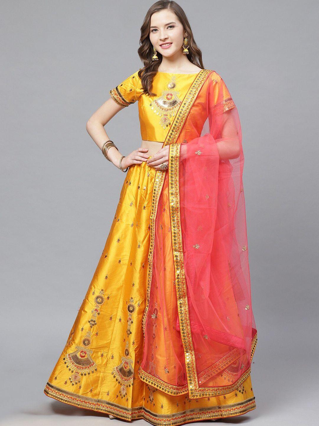 kalini embroidered thread work semi-stitched lehenga & blouse with dupatta