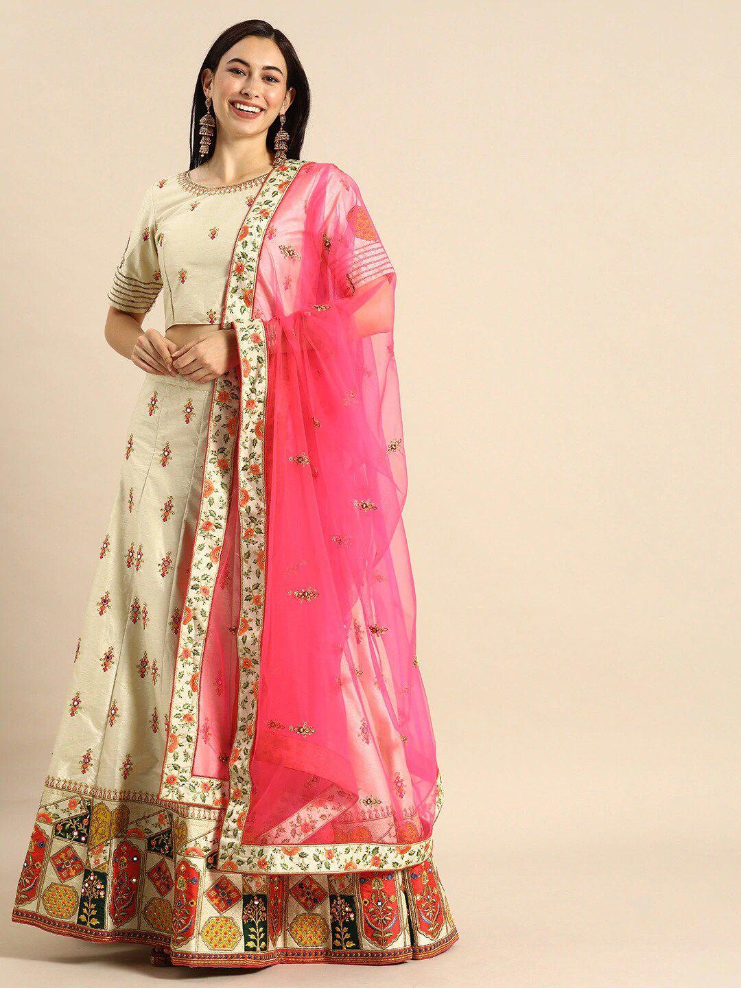 kalini embroidered thread work semi-stitched lehenga & blouse with dupatta