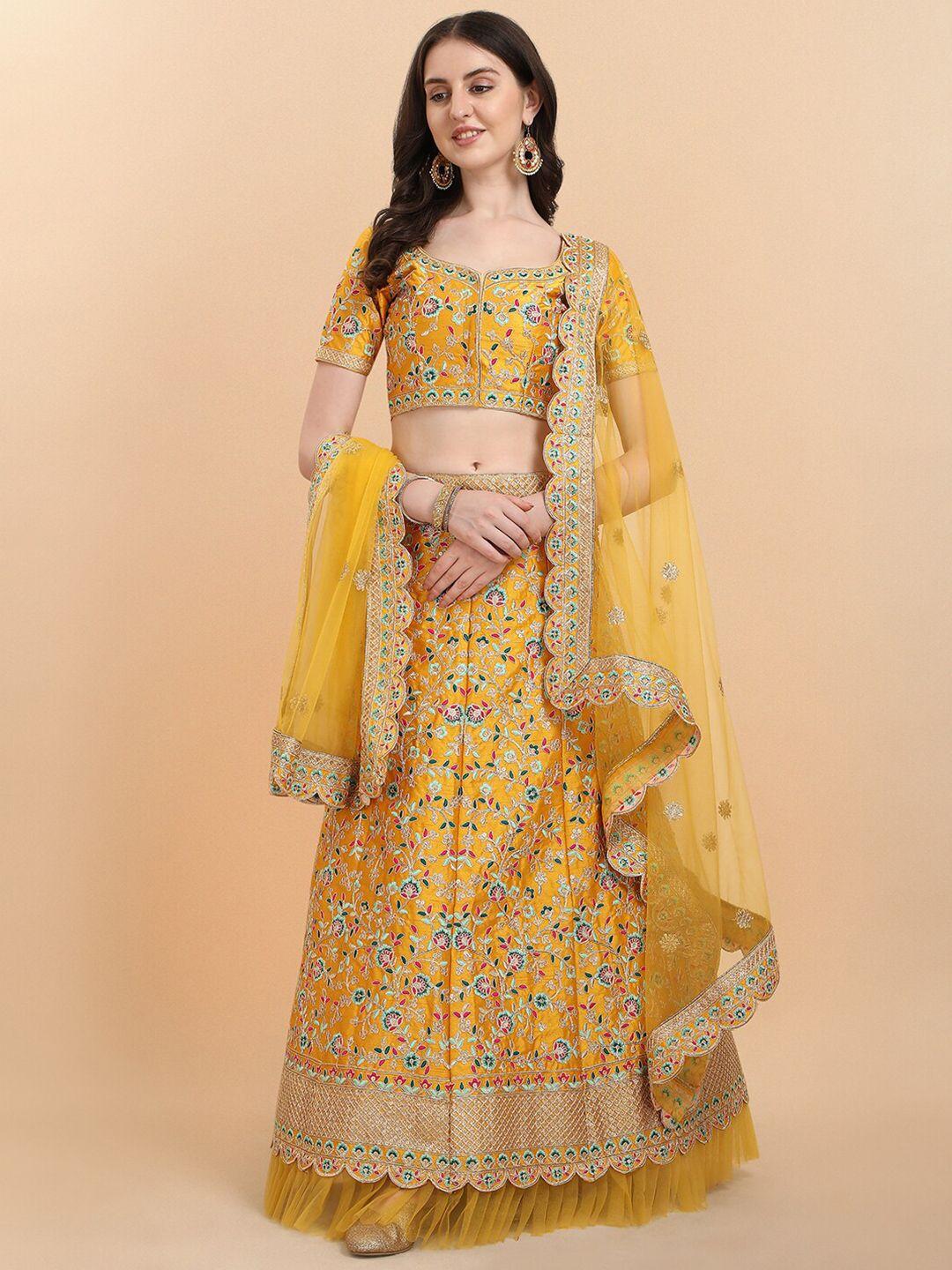 kalini embroidered thread work semi-stitched lehenga & unstitched blouse with dupatta