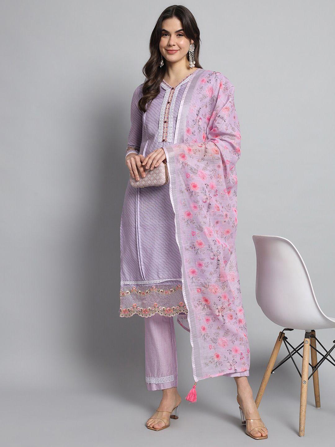 kalini embroidered v neck straight kurta & trousers with dupatta