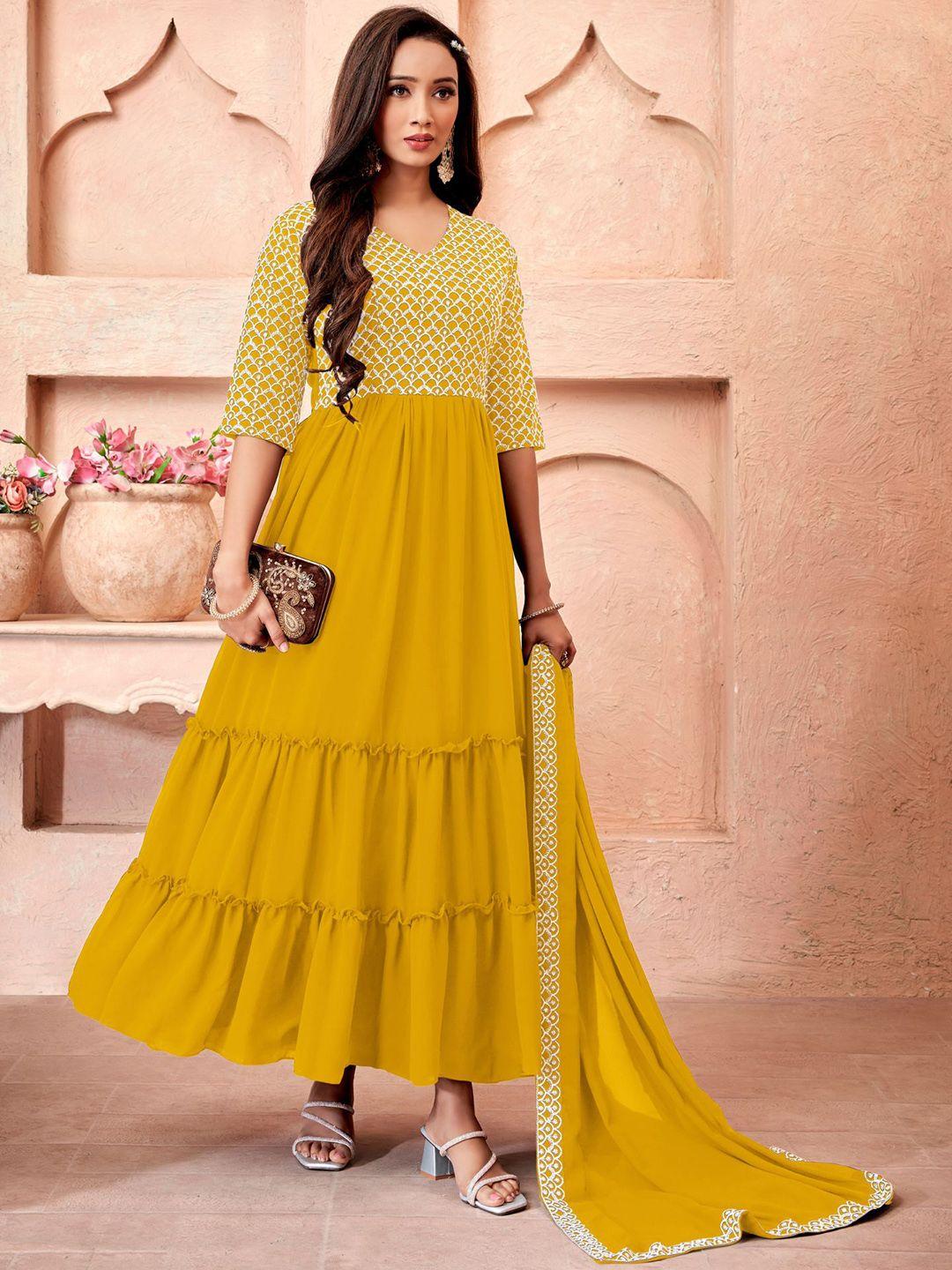 kalini embroidered v-neck tiered fit & flare ethnic dress with dupatta