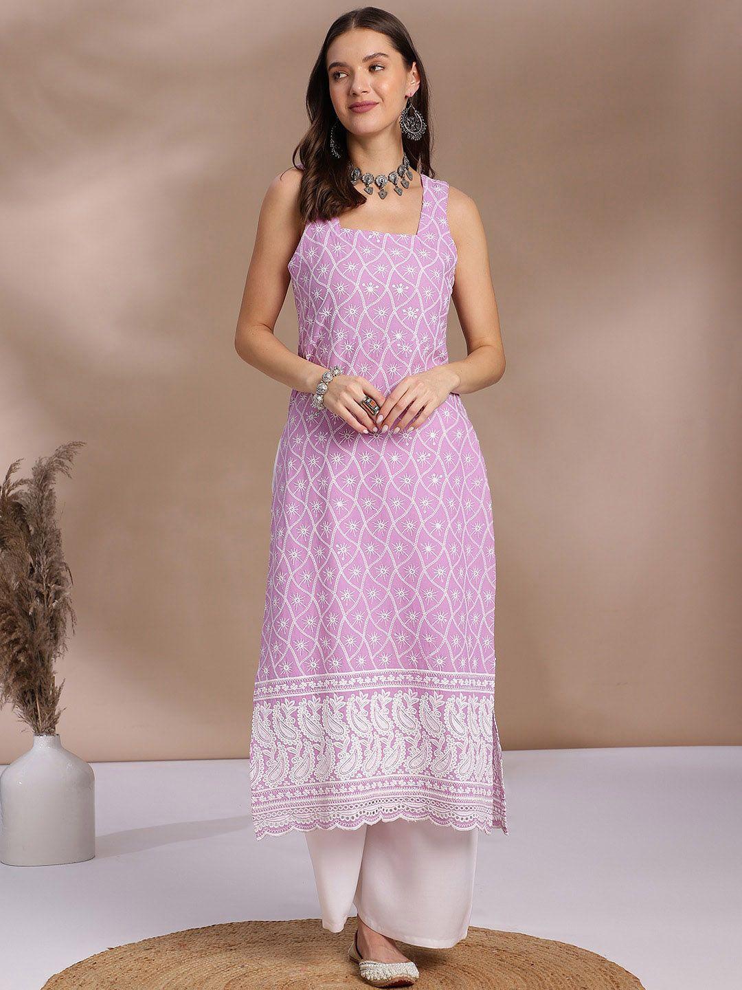 kalini ethnc motifs embroidered square neck chikankari detailed cotton straight kurta