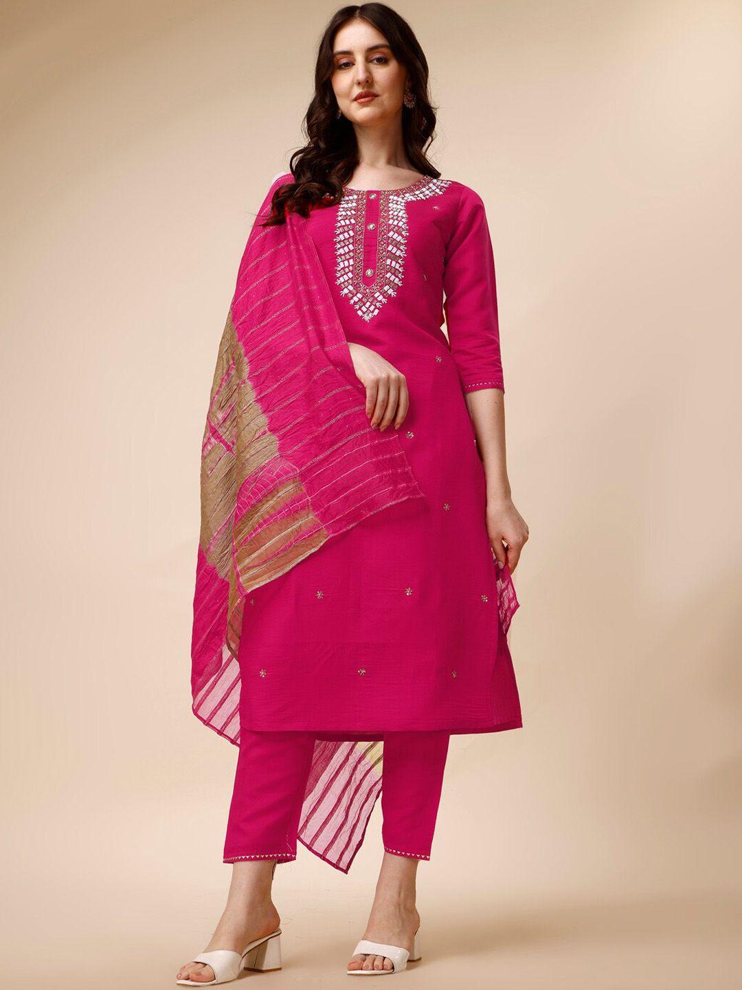 kalini ethnic embroidered beads & stones chanderi cotton kurta with trousers & dupatta