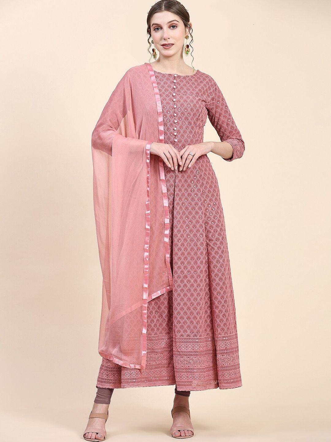 kalini ethnic motif embroidered midi-length pure georgette ethnic dress with dupatta