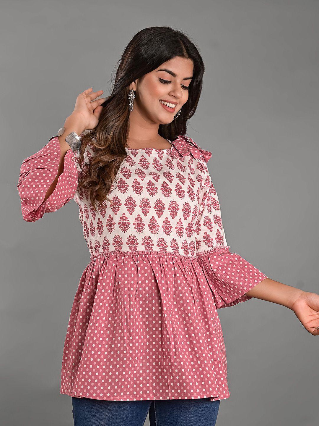 kalini ethnic motif print bell sleeve cotton longline top