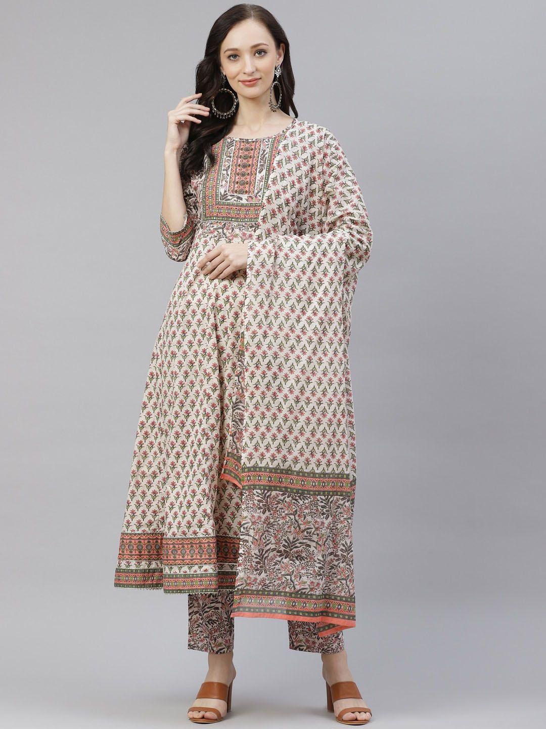 kalini ethnic motif printed anarkali pure cotton kurta & trouser with dupatta