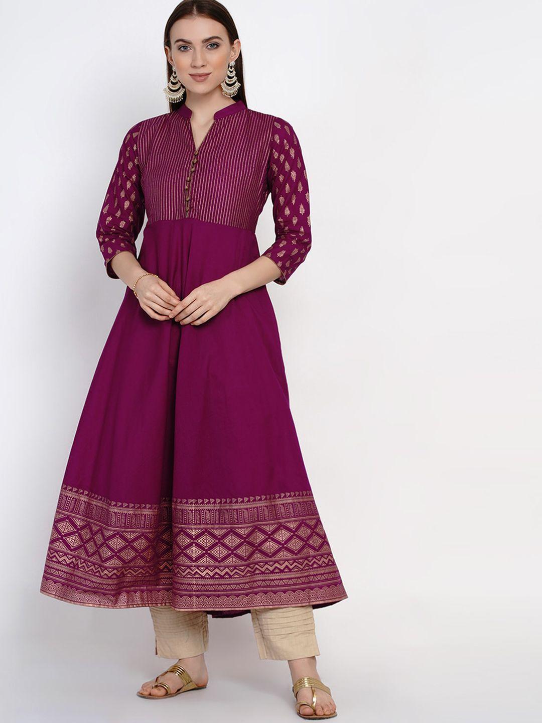 kalini ethnic motif printed band collar anarkali pure cotton kurta