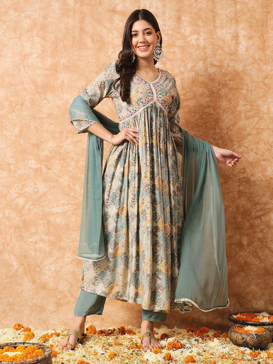 kalini ethnic motif printed empire thread work anarkali kurta & trousers with dupatta