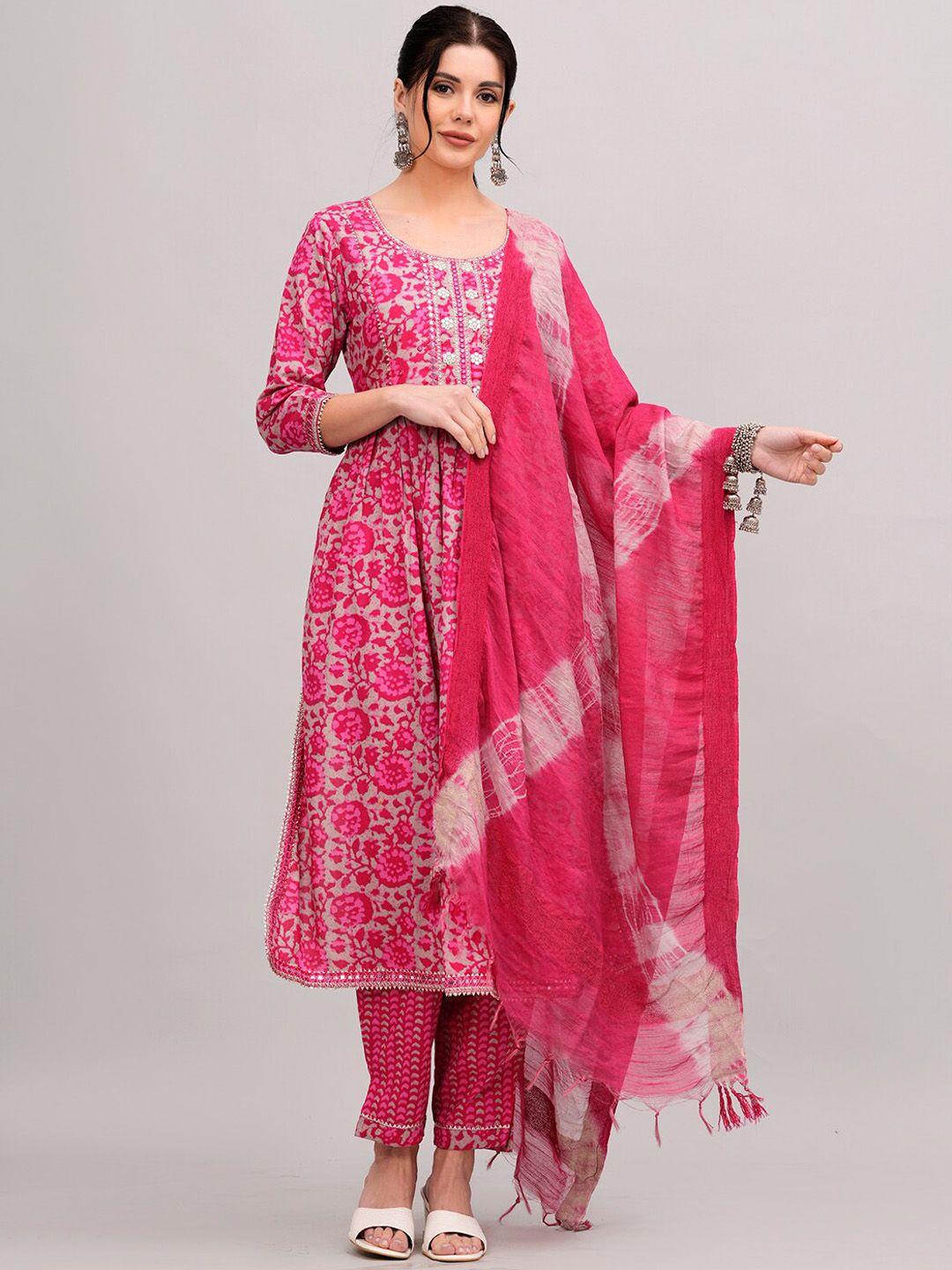 kalini ethnic motif printed pure cotton anarkali kurta & trousers with dupatta