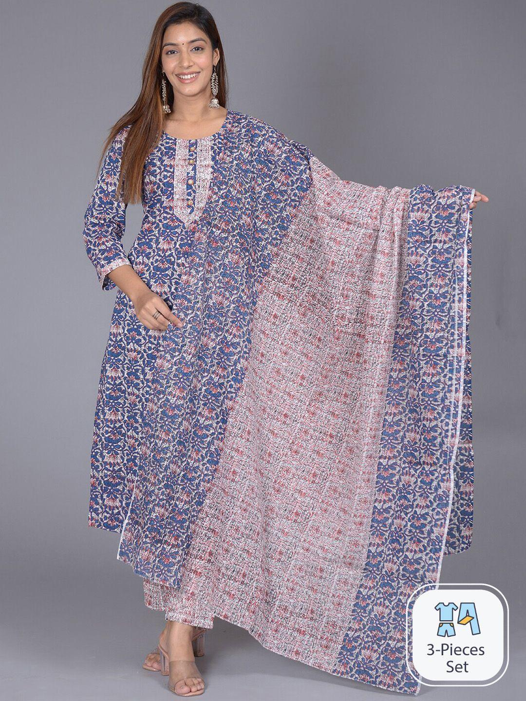 kalini ethnic motif printed pure cotton straight kurta with trousers & dupatta
