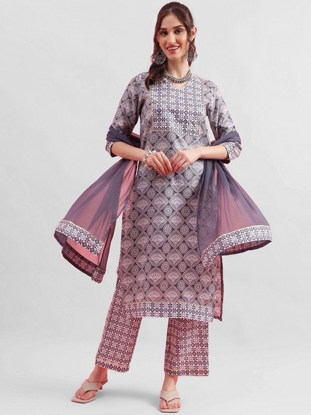 kalini ethnic motif printed regular kurta with trousers & dupatta